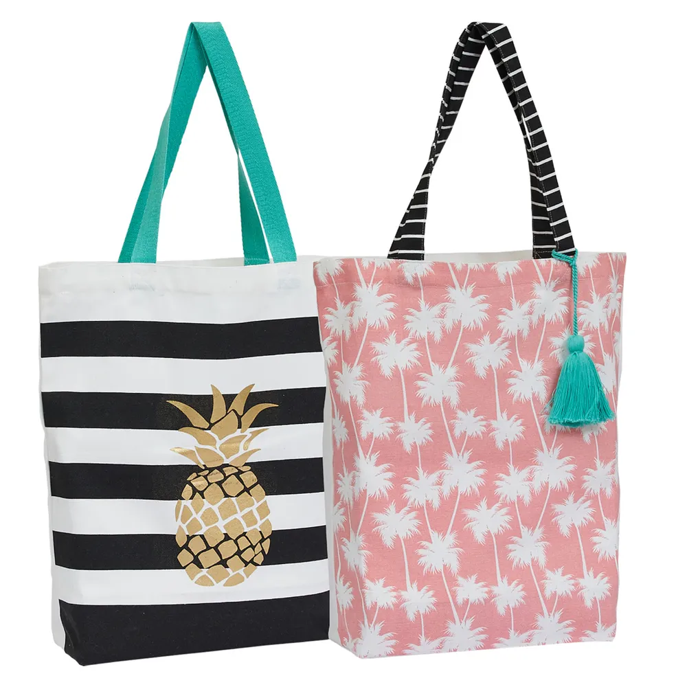 Set of 2 Pink and Black Summer Canvas Totes 15.5″
