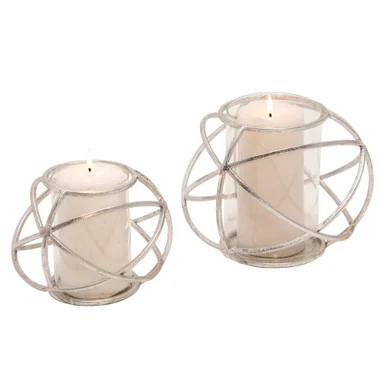 Distressed Finish Glass Orb Candle Holders – 8″ – Silver – Set of 2