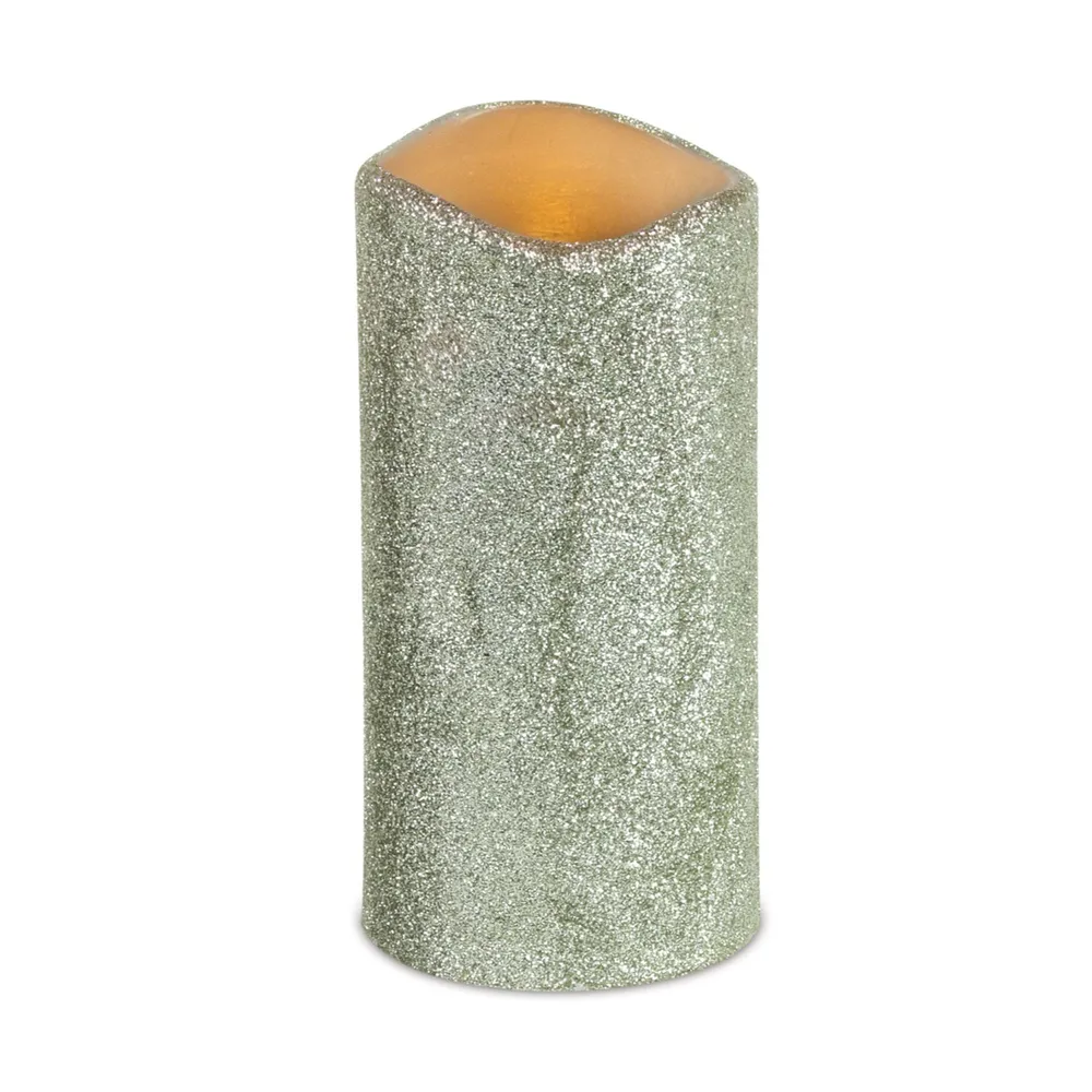 Set of 2 Gray and Silver Glittery Finish LED Flameless Pillar Candles 6″