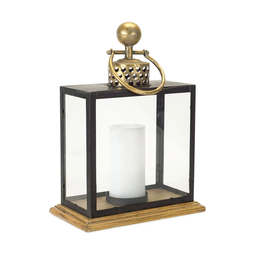 17″ Black and Gold Iron with Clear Glass Candle Lantern