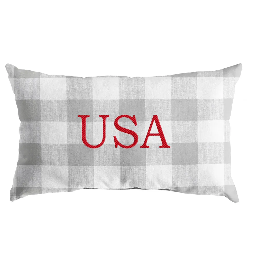 13″ x 20″ Gray, Red, and White Checkered “USA” Sunbrella Indoor and Outdoor Embroidered Lumbar Pillow
