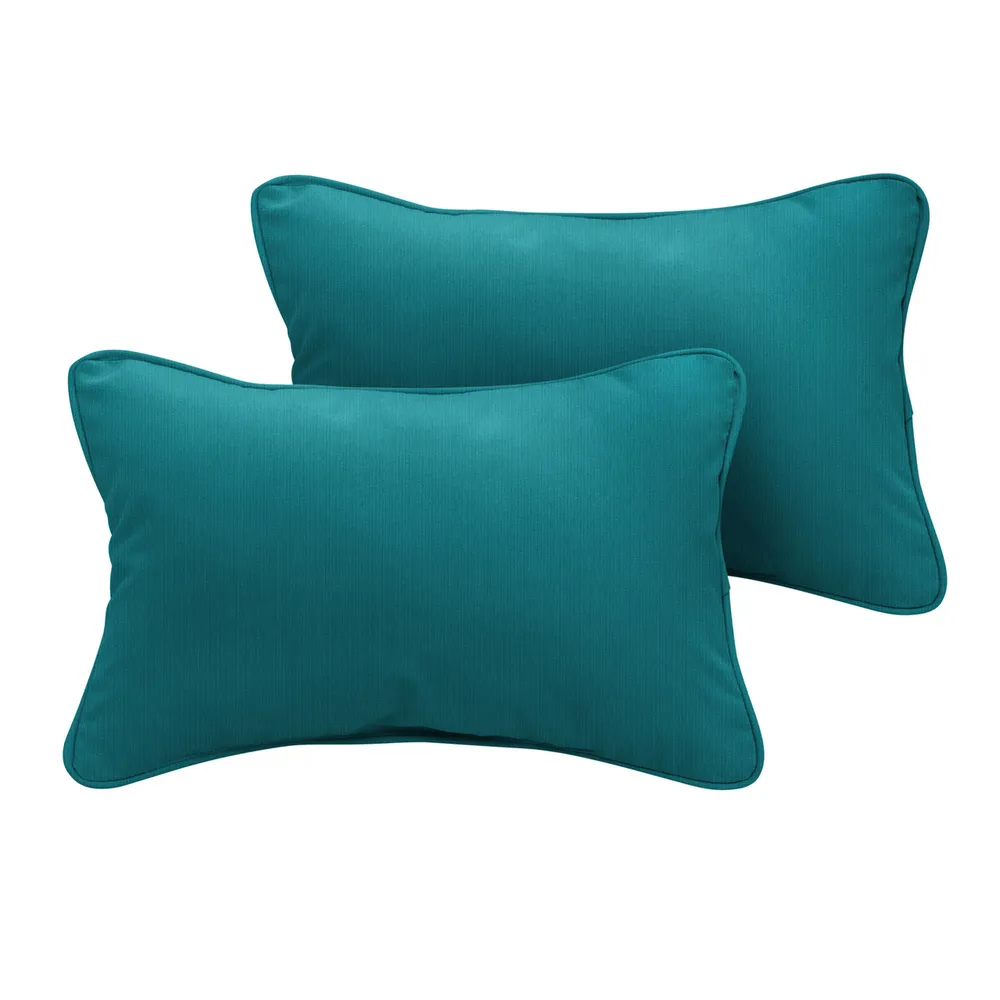 Set of 2 Sunbrella Peacock Teal Corded Rectangular Indoor/Outdoor Lumbar Throw Pillows, 20″