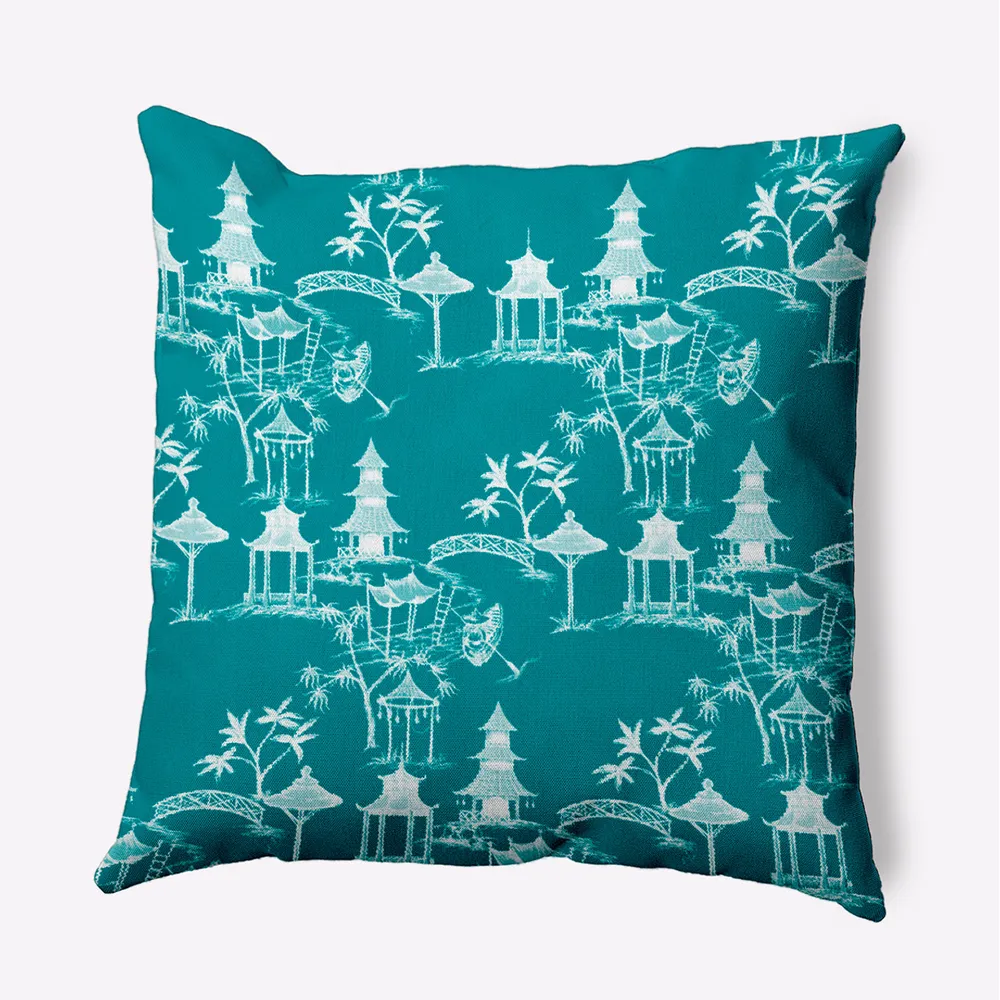 Oriental Architecture Outdoor Throw Pillow – 20″ – Teal and White