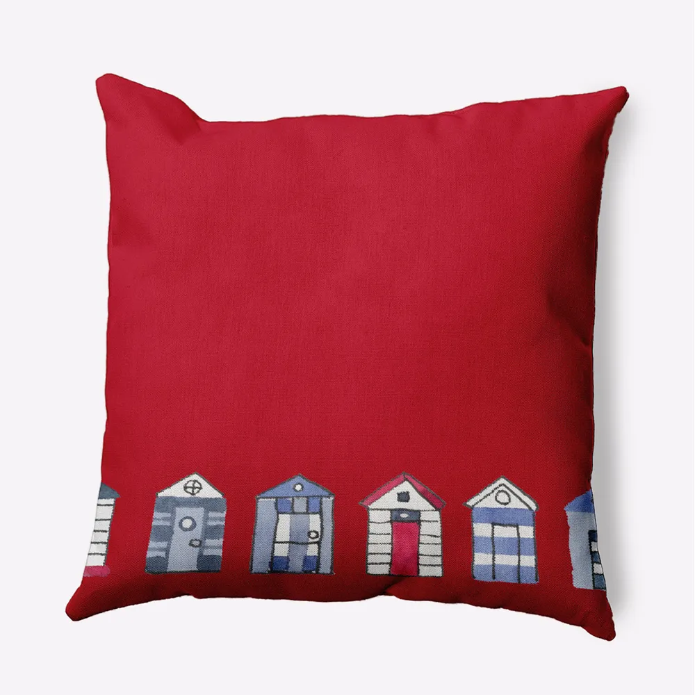 20″ x 20″ Red and Blue Beach Huts Square Outdoor Throw Pillow