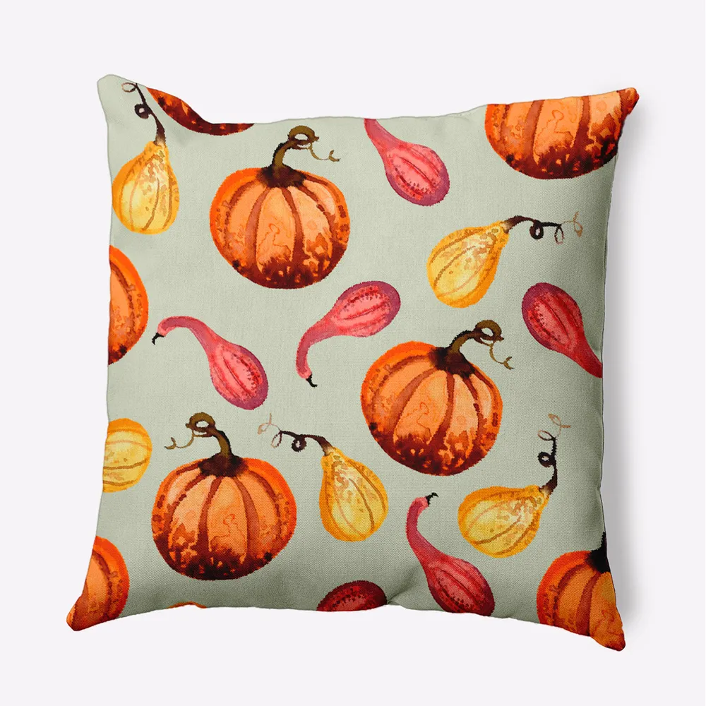 16″ x 16″ Green and Orange Gourds Galore Outdoor Throw Pillow