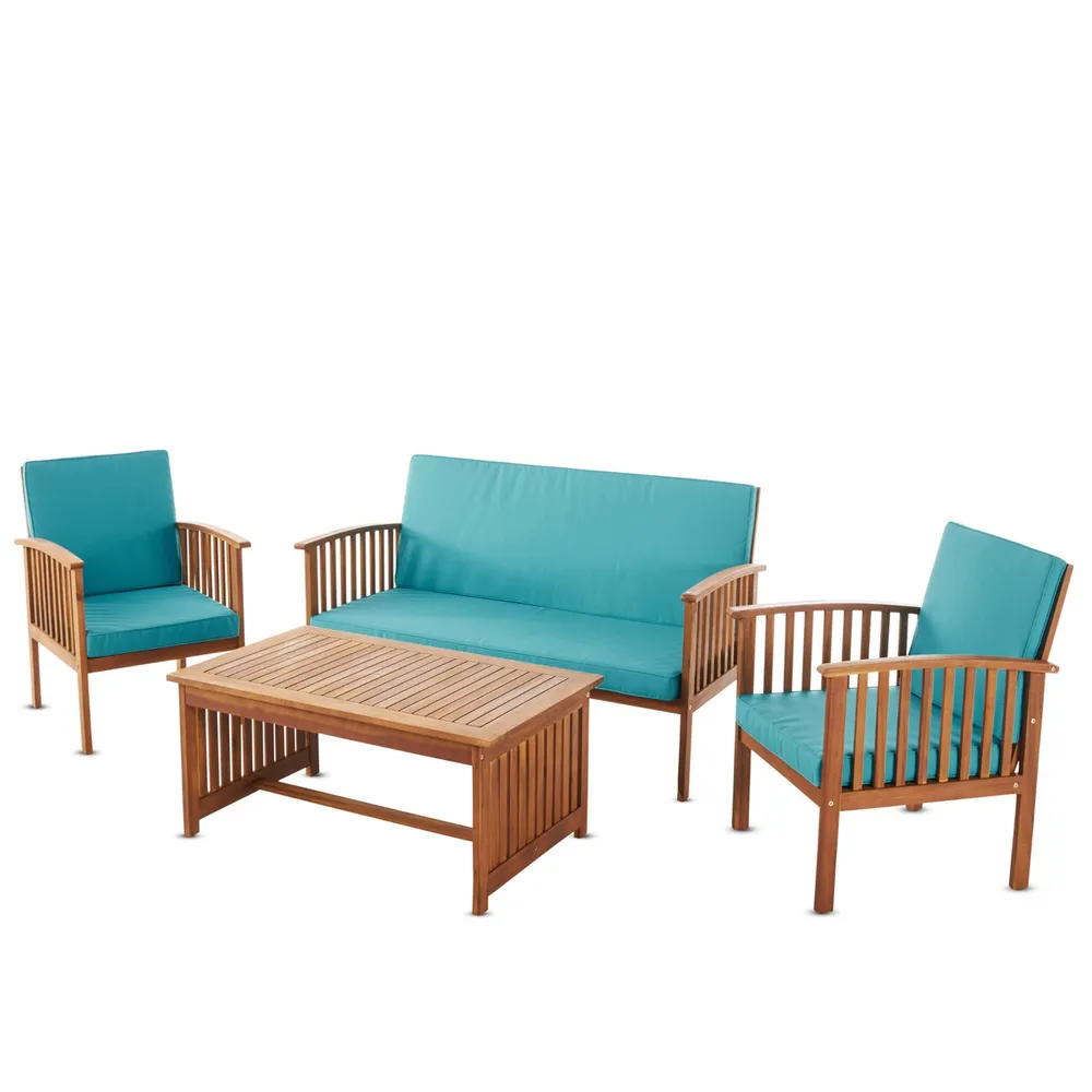 4-Piece Brown Finish Outdoor Furniture Patio Chat Set – Teal Blue Cushion