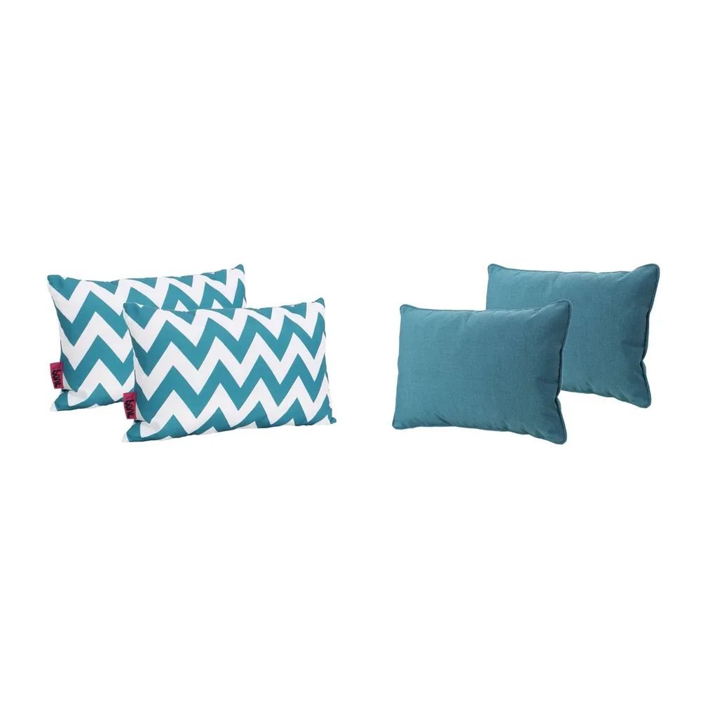 Set of 4 Teal Blue and White Contemporary Outdoor Rectangular Throw Pillows 18.5″