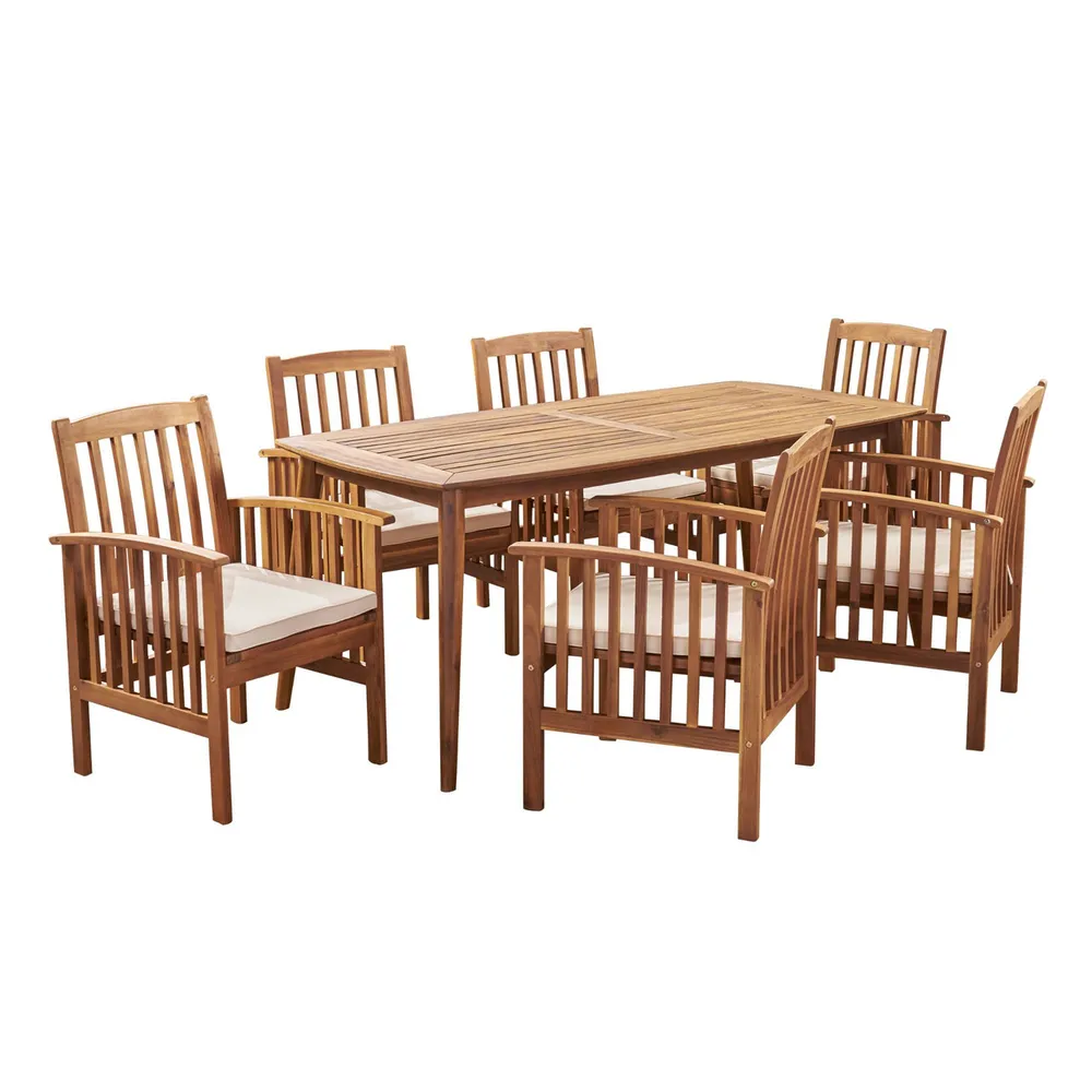 7-Piece Brown Traditional Outdoor Furniture Patio Dining Set – Cream White Cushions