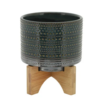 Dotted Ceramic Planter with Stand – 7″ – Green and Brown