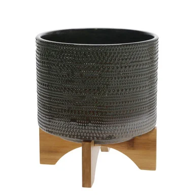Dotted Ceramic Planter with Stand – 9″ – Green and Beige