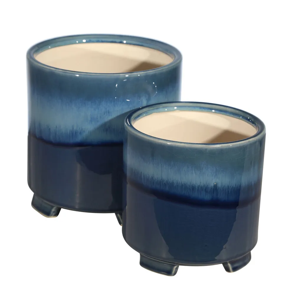 Set of 2 Blue Round Ceramic Footed Planters 8″