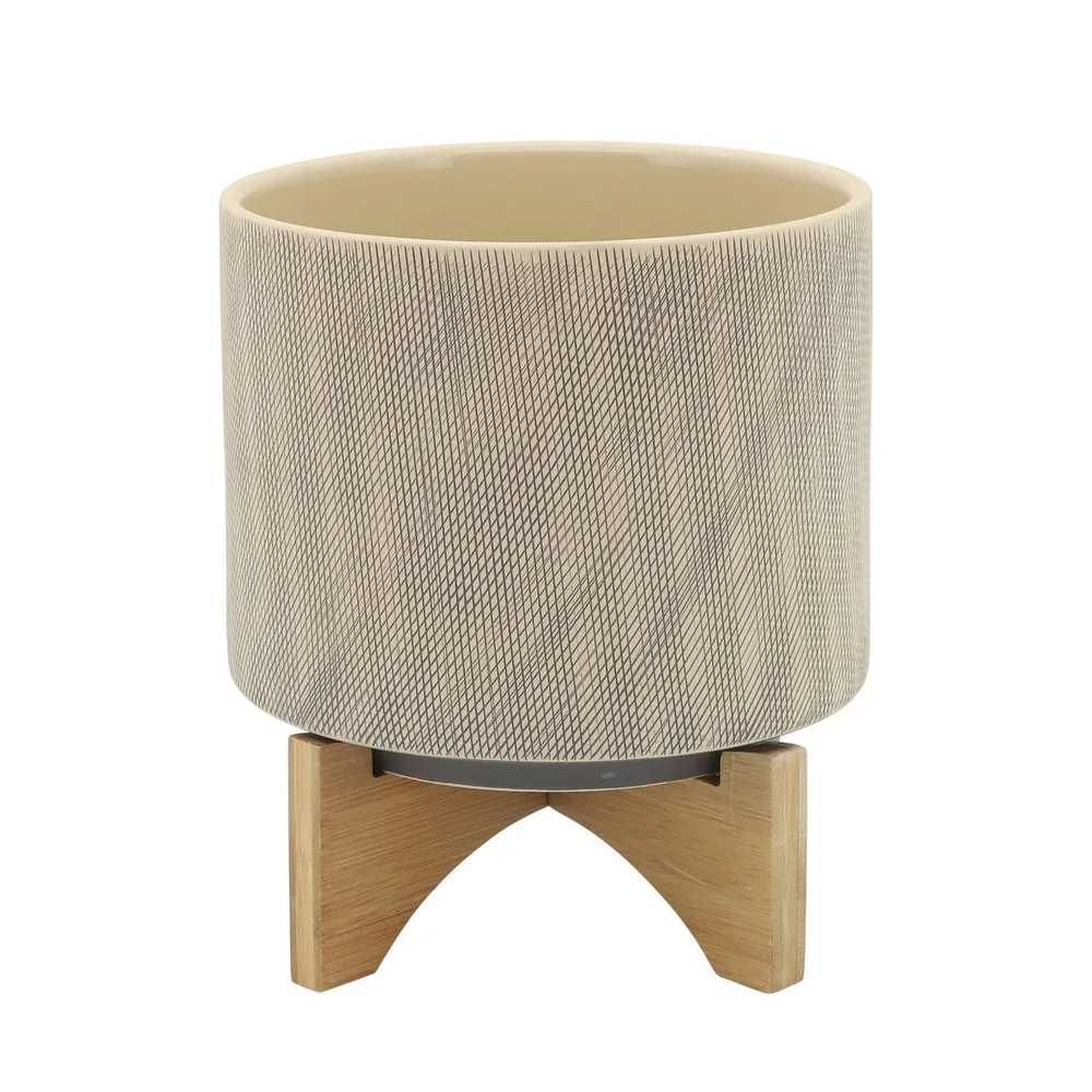9″ Tan Brown and Gray Ceramic Mesh Planter with Stand