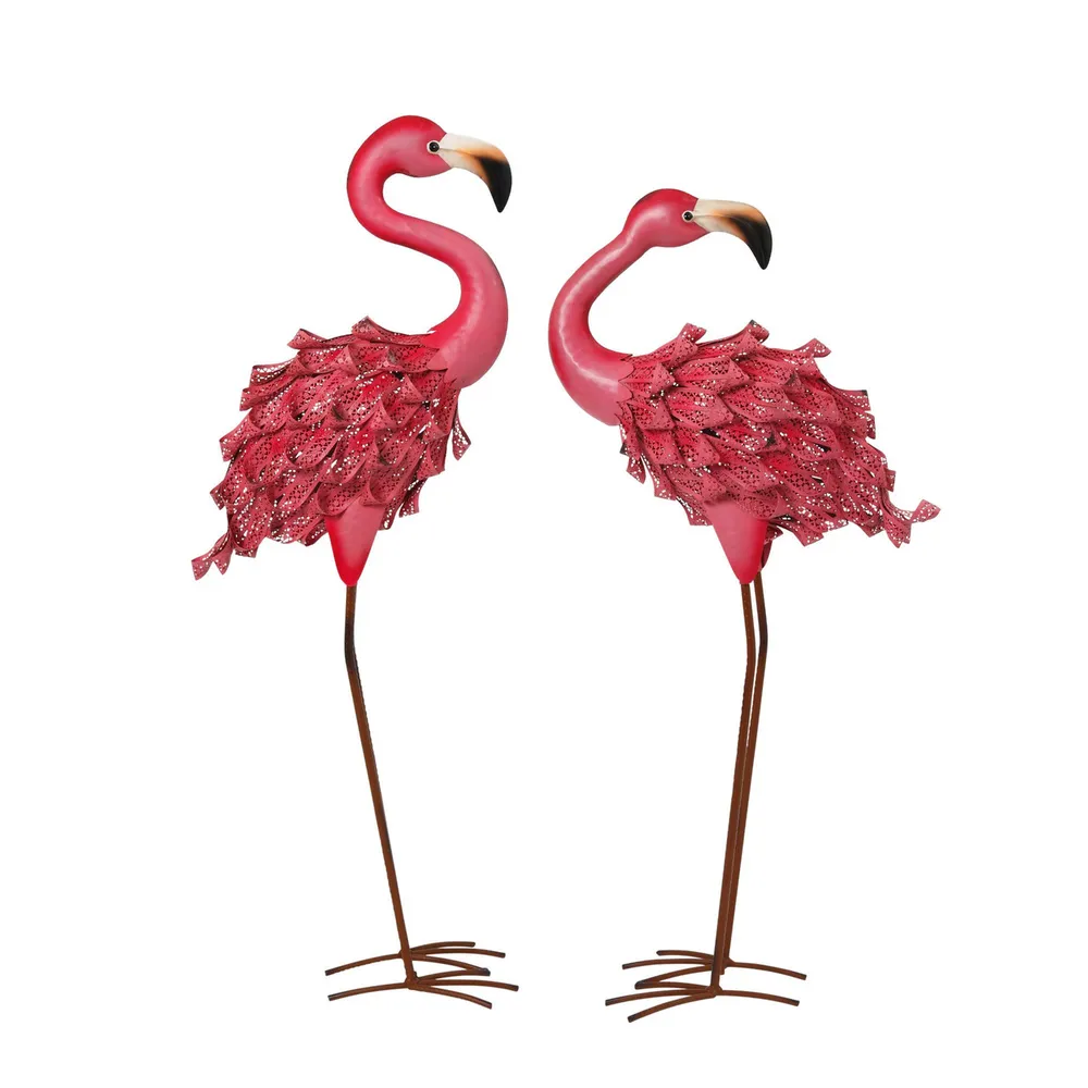 Set of 2 Pink Tall Flamingo Outdoor Garden Statues 34.5″