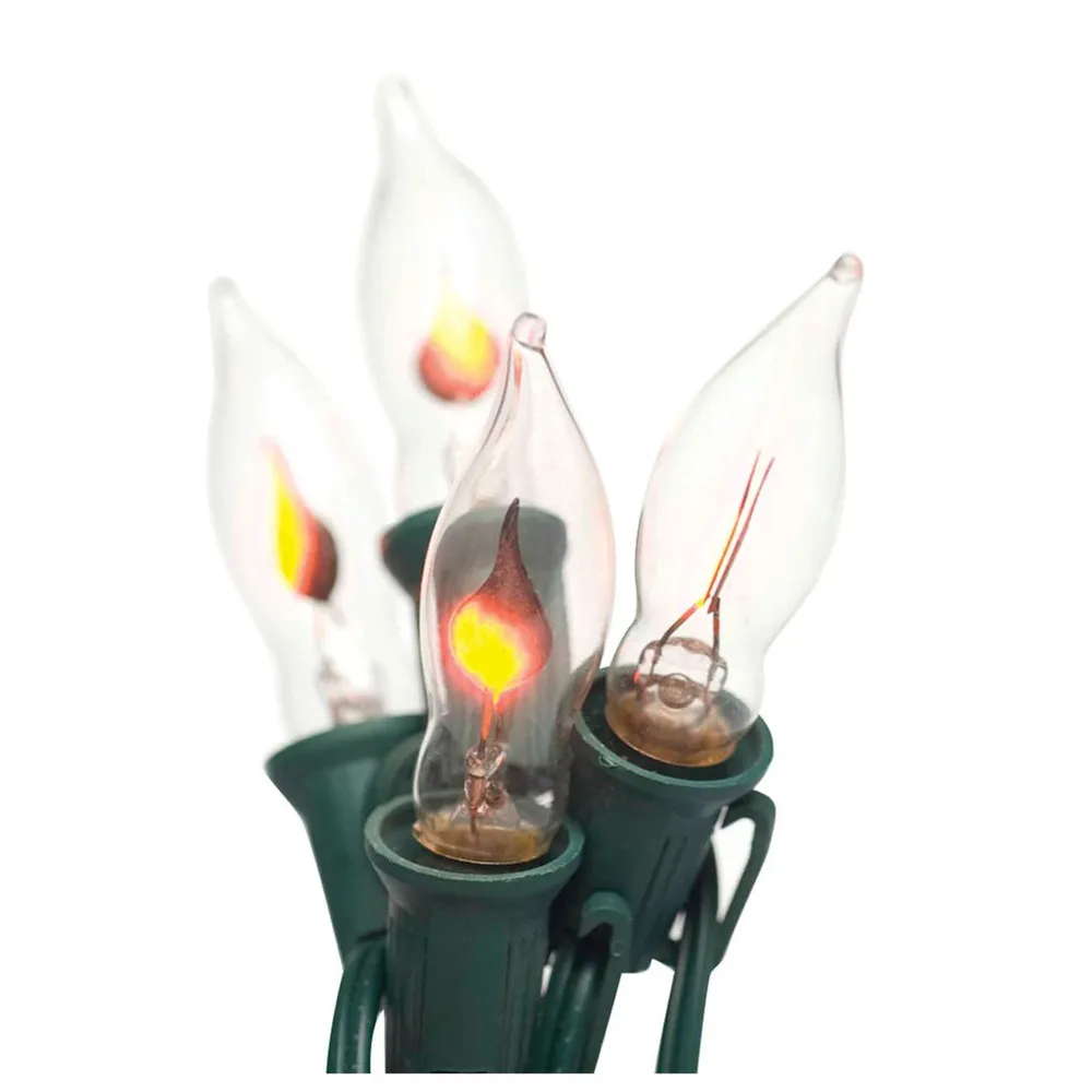 7-Count Clear Flicker Flame Christmas Light Set, 10.5ft Green Wire