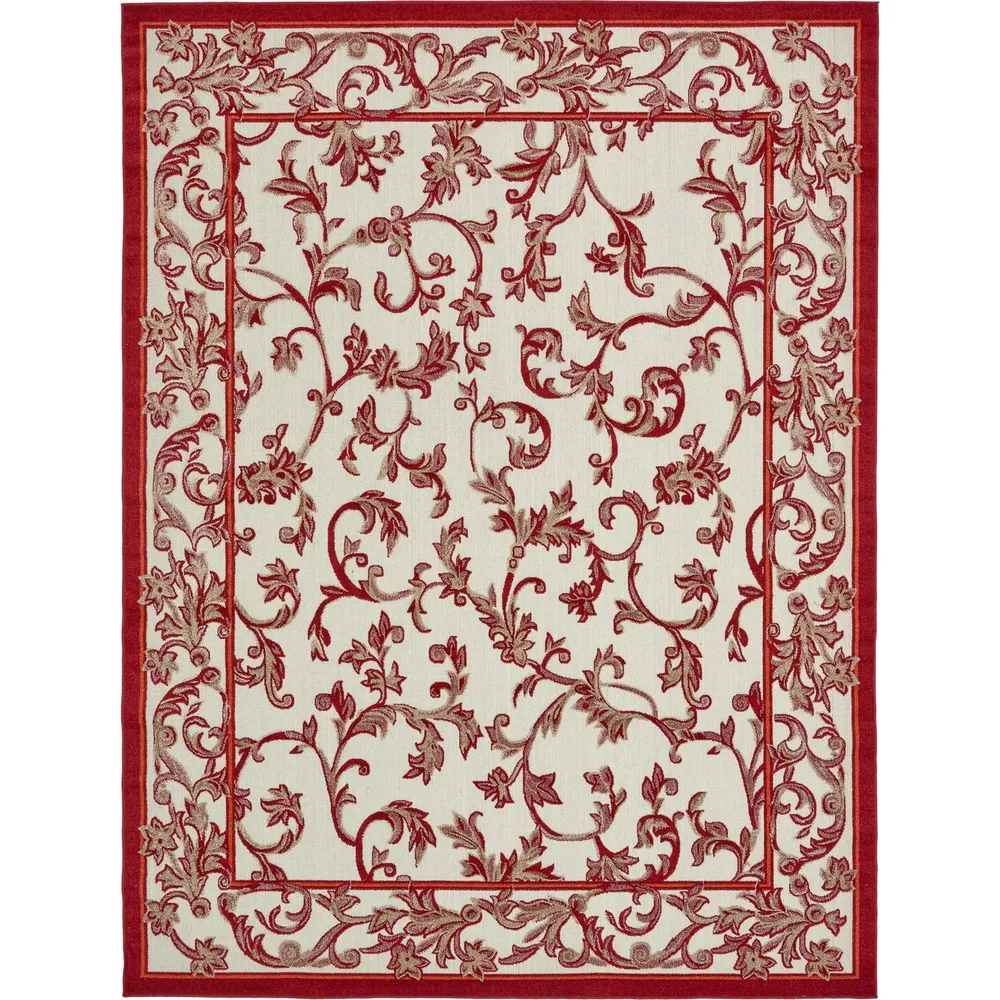 9′ x 12′ Beige and Red Floral Rectangular Outdoor Area Throw Rug