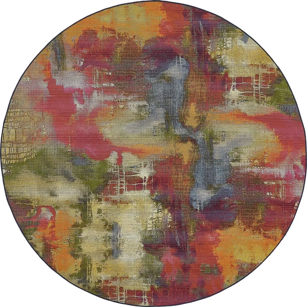 8′ Navy Blue and Beige Abstract Round Outdoor Area Throw Rug