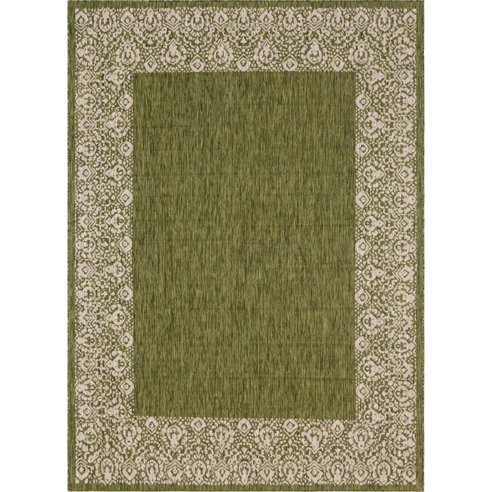 8′ x 11.25′ Green and Gray Floral Border Rectangular Outdoor Area Throw Rug
