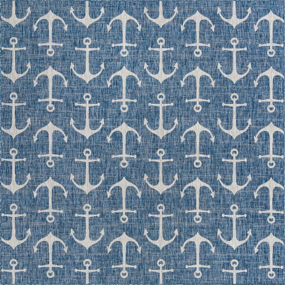 10′ x 10′ Blue and Gray Coastal Themed Anchor Square Outdoor Area Throw Rug