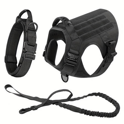 3pcs Set Dog Harness Vest Collar Leash Set - Without Battery Black