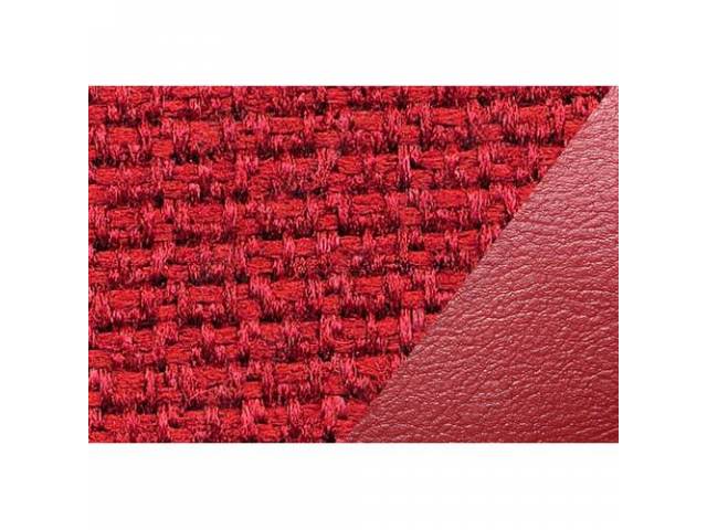 Front Deluxe Bench Seat With Center Arm Rest Upholstery Set, Red Vinyl With Red Woven Cloth Inserts