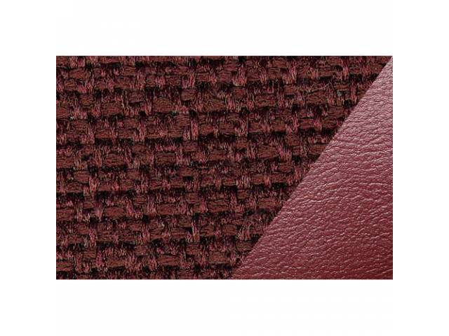 Front Deluxe Bench Seat With Center Arm Rest Upholstery Set, Red Vinyl With Dark Red (Maroon) Woven Cloth Inserts