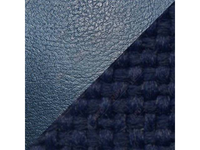 Front Deluxe Bench Seat With Center Arm Rest Upholstery Set, Dark Blue Vinyl With Indigo Blue Woven Cloth Inserts