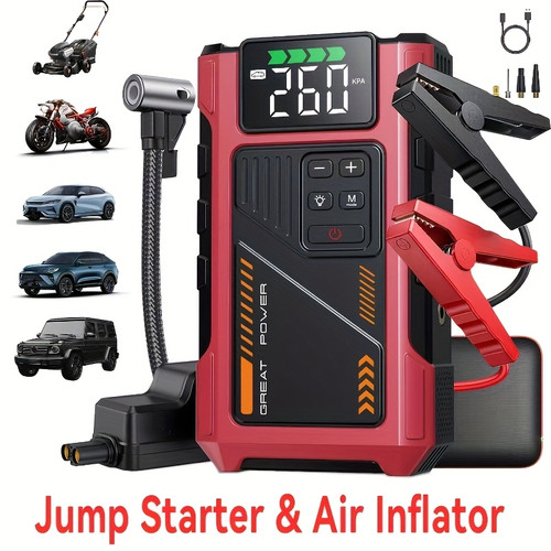 Portable Car Jump Starter With Air Compressor 2500A Peak(2.11gal Gas, 1.72gal Diesel) With 150 PSI Tire Inflator, 12V Car Battery Jump Power With LED Light, W100, 5 In 1 Jump Starter Battery Pack, Battery Charger Color Red