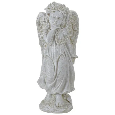 Graceful 9.75″ Ivory Standing Angel with Floral Crown Garden Statue – Serene Addition to Your Outdoor Decor