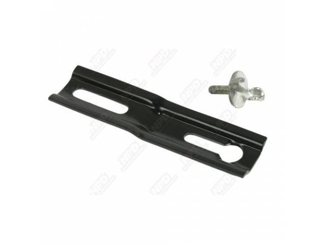 Retainer Kit, Bumper Jack Bar, Correct Gauge Steel, Black Powder Coated, Incl Zinc Plated Screw, Repro