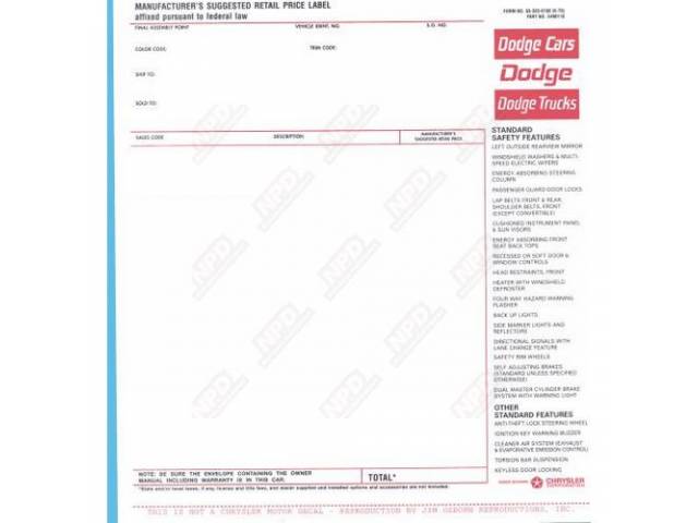 Label, New Vehicle Window Price, Correct Material And Screen Printed As Original, Officially Licensed Product By Chrysler Llc