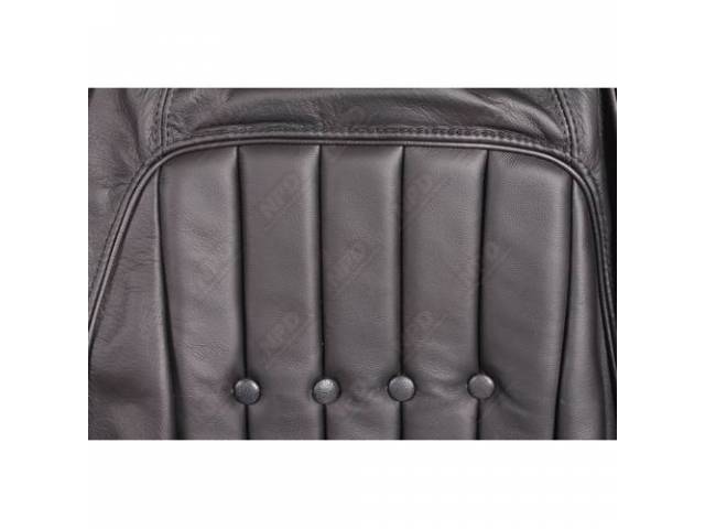 Upholstery Set, Front Buckets, Black, Leather Style, W/ Leather Inserts, W/ Coachman Grain Vinyl Skirts