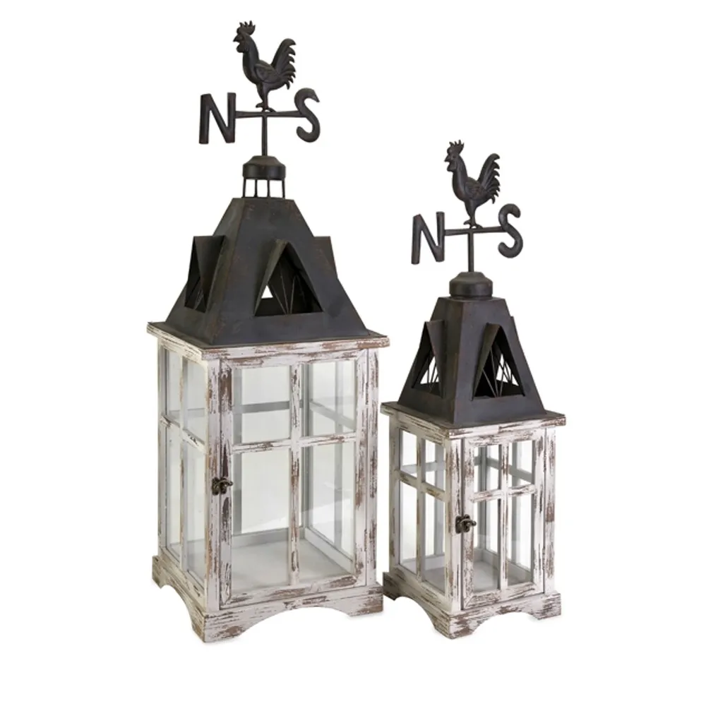 Set of 2 Distressed Country Rustic Weather Vane Cupola Pillar Candle Lanterns