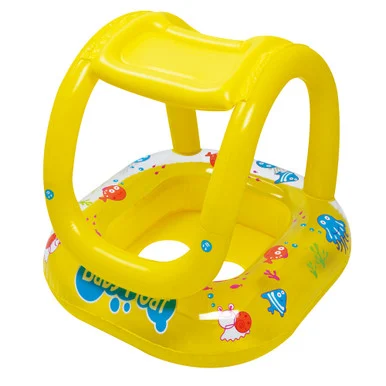 Introduce Your Little One to the Pool with Inflatable Yellow Sea Life Baby Swimming Pool Boat Float with Sunshade, 29-Inch