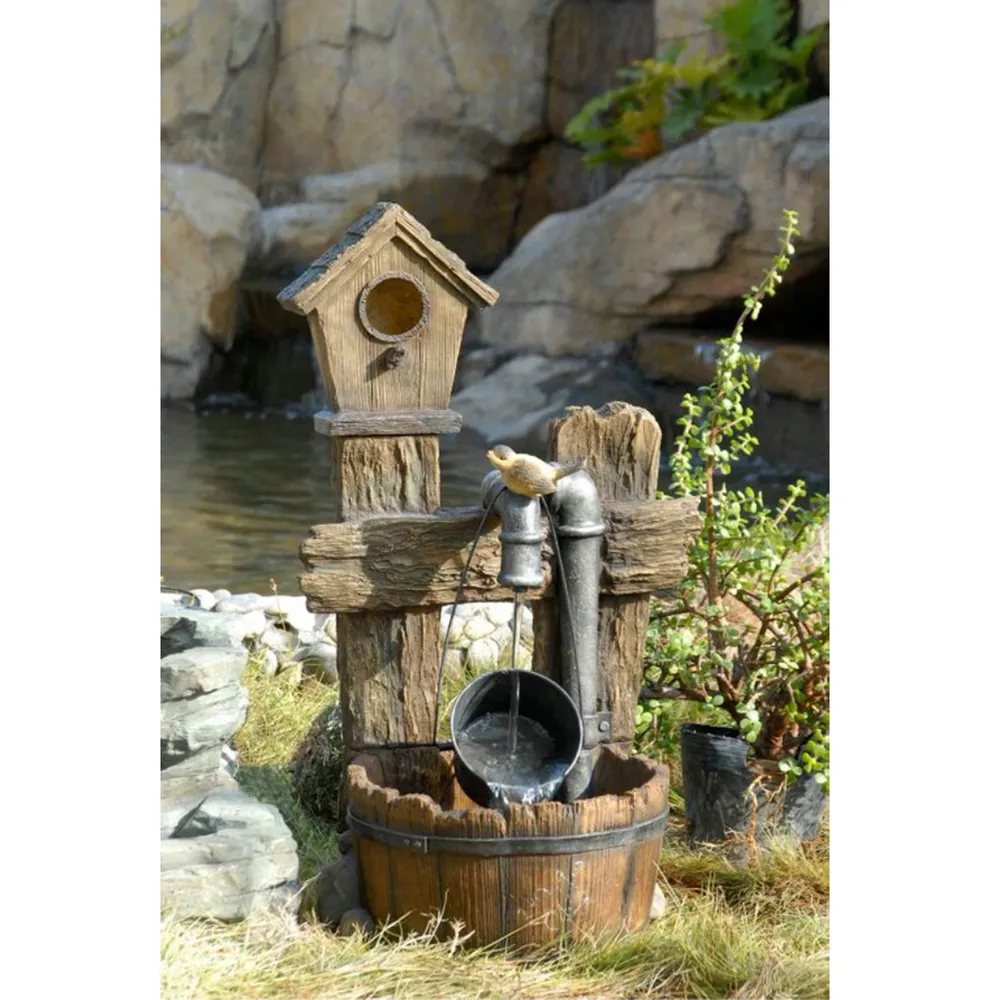 28.9″ Rustic Bird House and Bucket Wood Look Outdoor Patio Garden Water Fountain