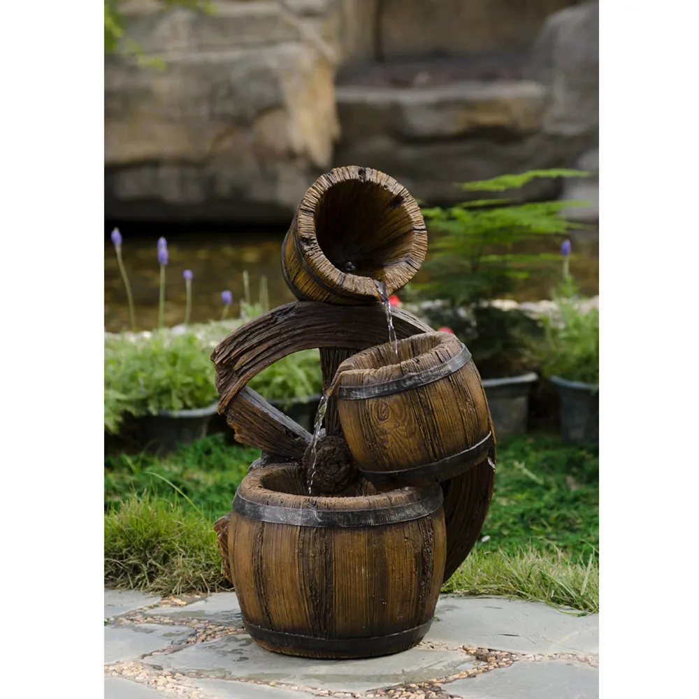 24.8″ LED Lighted Three-Tiered Wood Barrel Urn Outdoor Patio Garden Water Fountain