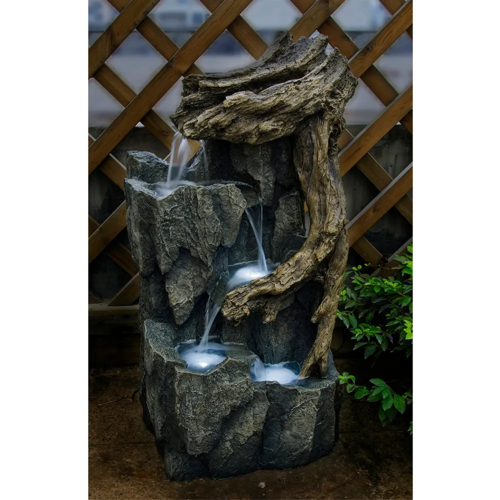 33″ LED Lighted Tiered Rocks and Tree Trunk Outdoor Patio Garden Water Fountain
