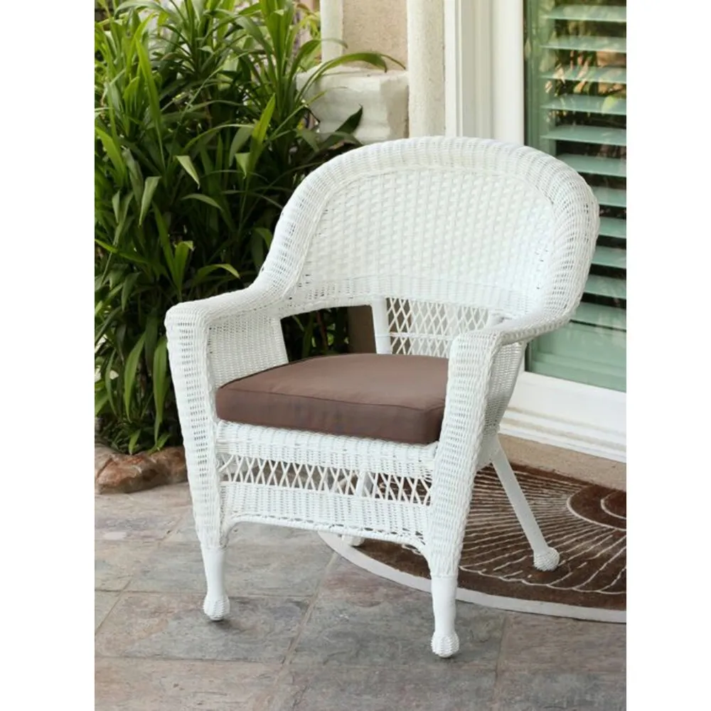 36″ White Resin Wicker Outdoor Patio Garden Chair with Brown Cushion