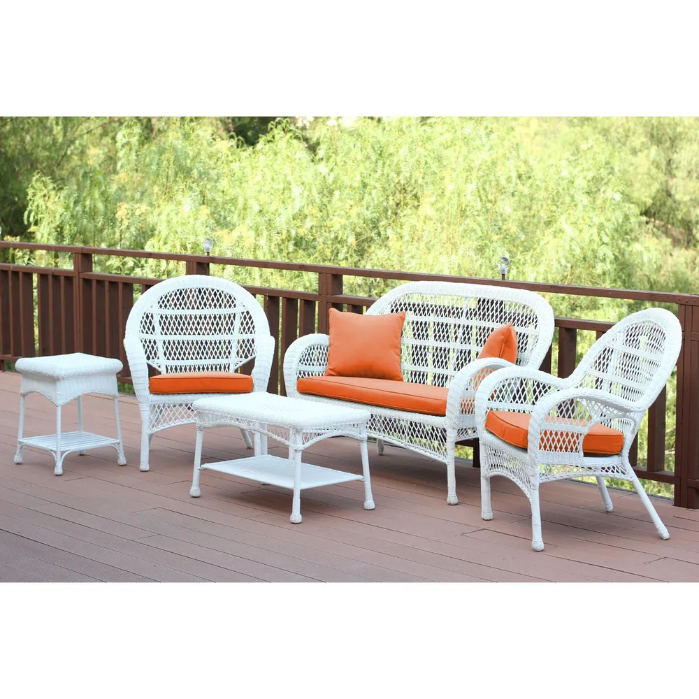 5-Piece White Wicker Outdoor Furniture Patio Conversation Set – Orange Cushions