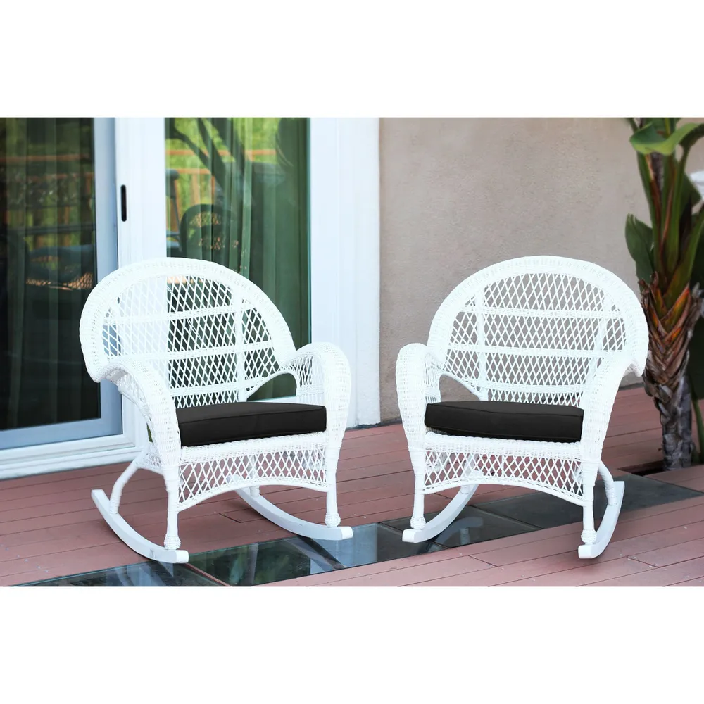 Set of 2 White Wicker Outdoor Furniture Patio Rocking Chairs – Black Cushions