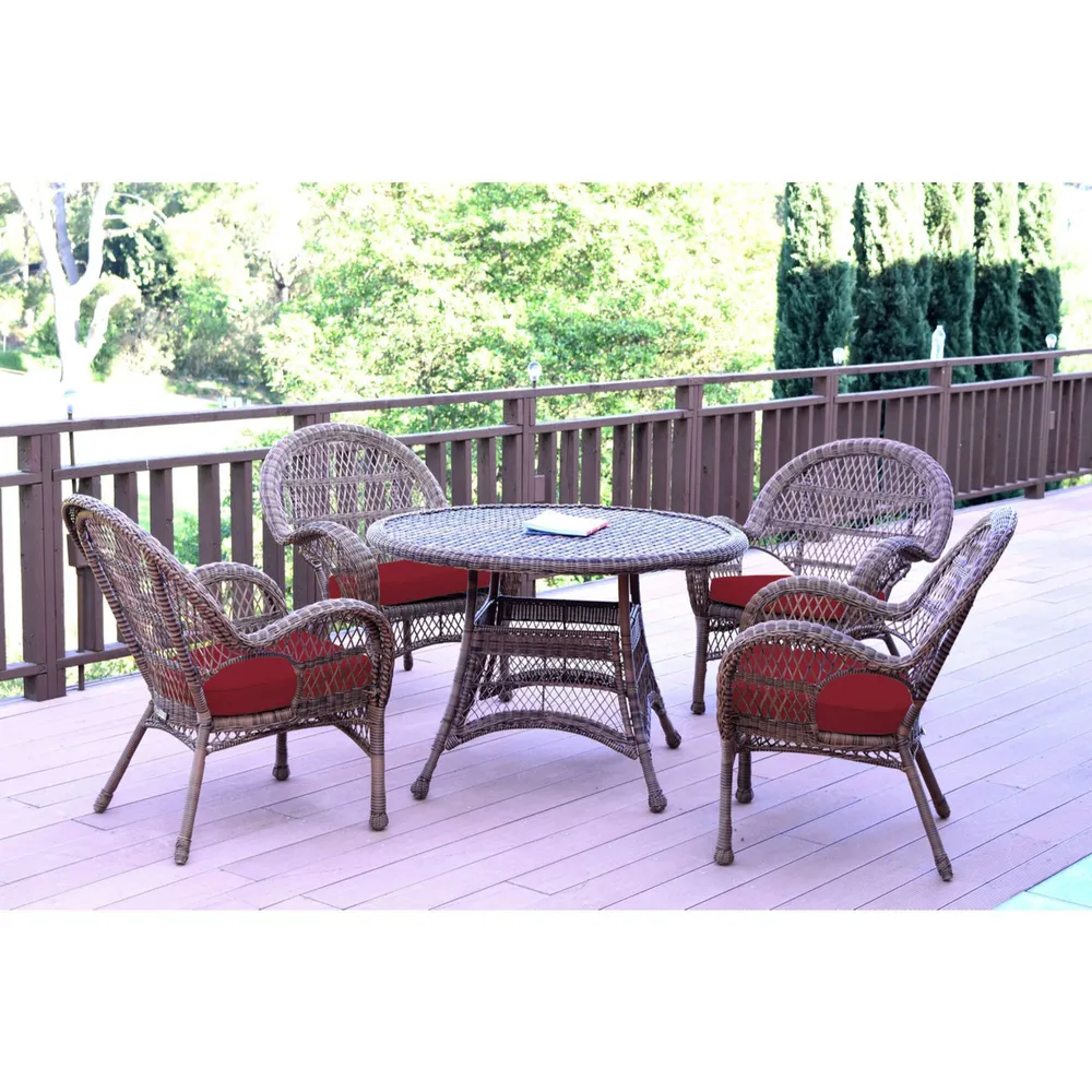 5-Piece Honey Brown Wicker Outdoor Furniture Patio Dining Set – Red Cushions