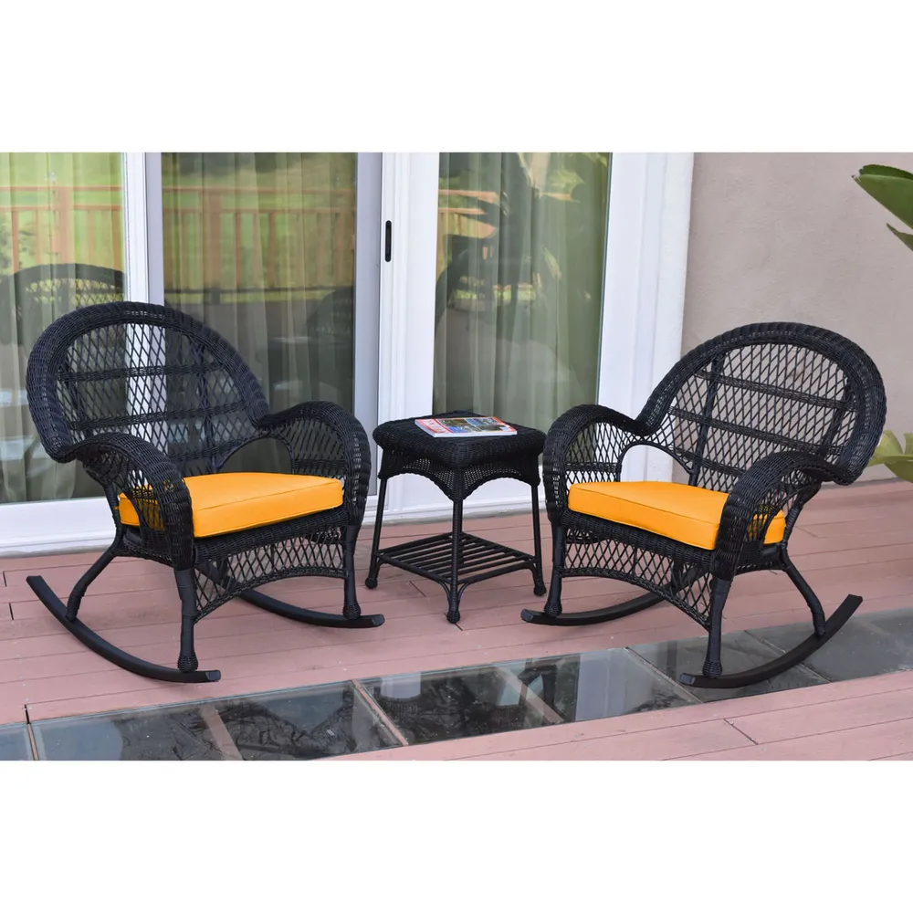 3-Piece Black Wicker Outdoor Furniture Patio Rocker Chair Set – Mustard Yellow Cushions