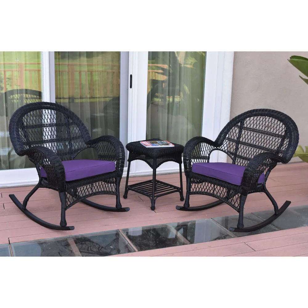 3-Piece Black Wicker Outdoor Furniture Patio Rocker Chair Set – Purple Cushions