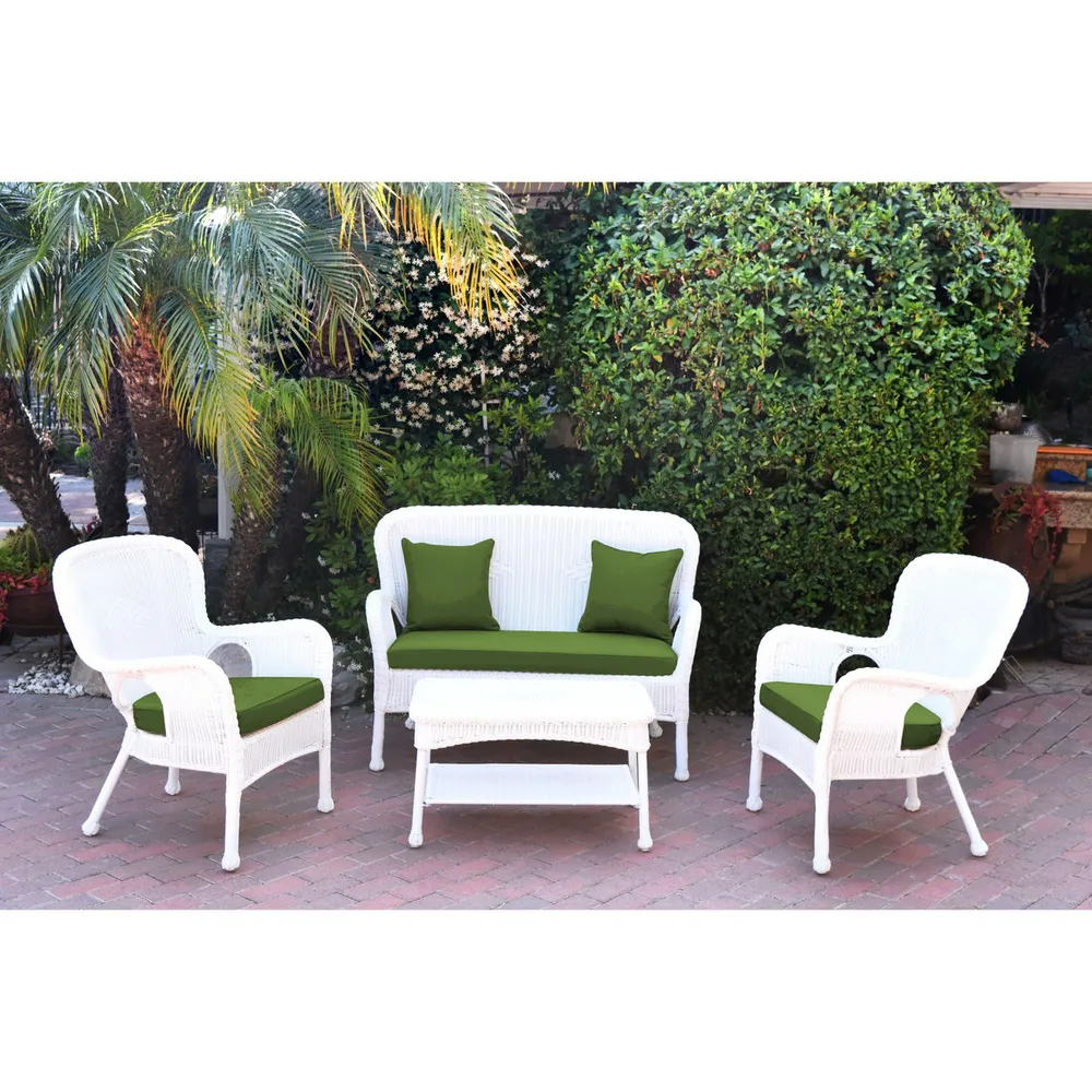 4-Piece White Solid Wicker Outdoor Furniture Patio Conversation Set – Hunter Green Cushions
