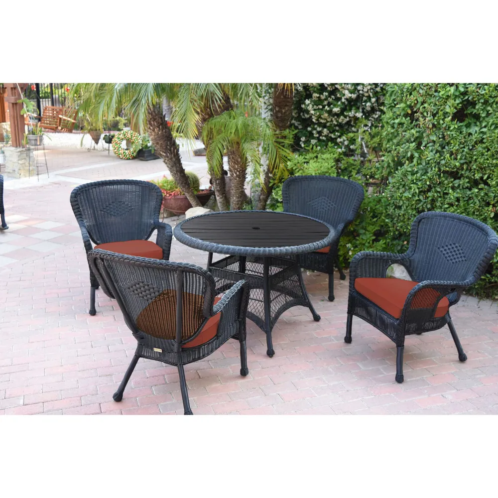 5-Piece Black Contemporary Wicker Outdoor Furniture Patio Dining Set – Brick Red Cushions