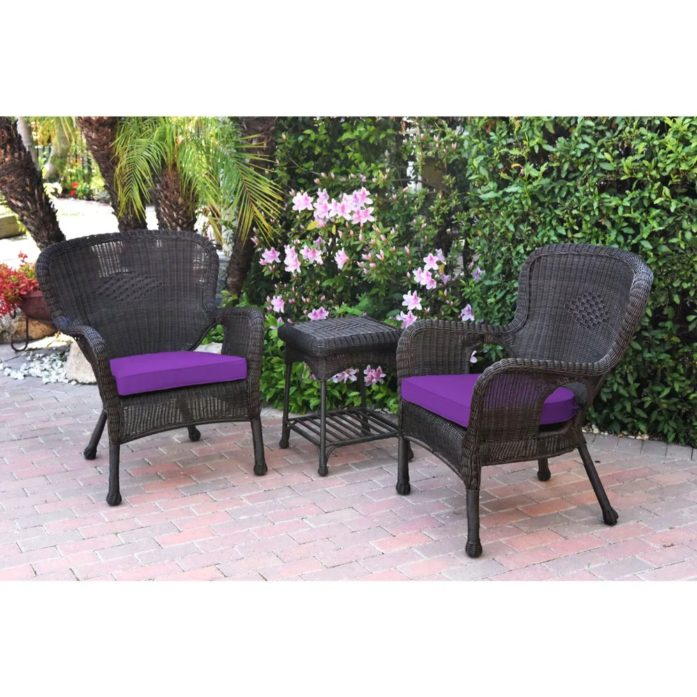 3-Piece Espresso Brown Wicker Outdoor Furniture Patio Conversation Set – Purple Cushion