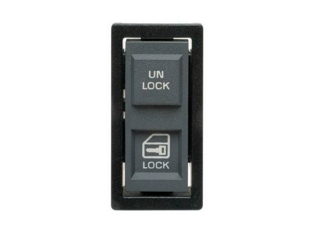Power Door Lock Switch Assembly, rectangular base, gray switch w/ black bezel, RH or LH, replacement