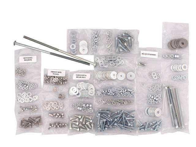BOLT KIT, Bed, Complete, zinc finish, installs bed wood and mount bed to the frame, (508) incl bolts, washers and nuts for bed to frame, front bed panel, cross sill and gate, rear fenders (wheel tubs) and running boards