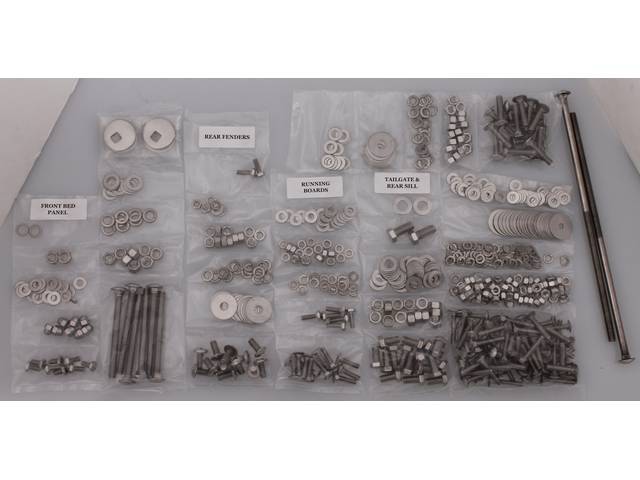 BOLT KIT, Bed, Complete, polished stainless steel, installs bed wood and mount bed to the frame, (606) incl bolts, washers and nuts for bed to frame, front bed panel, cross sill and tail gate, rear fenders (wheel tubs) and running boards