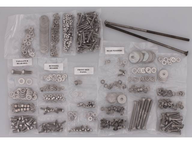 BOLT KIT, Bed, Complete, unpolished stainless steel, installs bed wood and mount bed to the frame, (606) incl bolts, washers and nuts for bed to frame, front bed panel, cross sill and tail gate, rear fenders (wheel tubs) and running boards