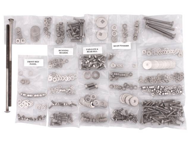 BOLT KIT, Bed, Complete, polished stainless steel, installs bed wood and mount bed to the frame, (524) incl bolts, washers and nuts for bed to frame, front bed panel, cross sill and tail gate, rear fenders (wheel tubs) and running boards